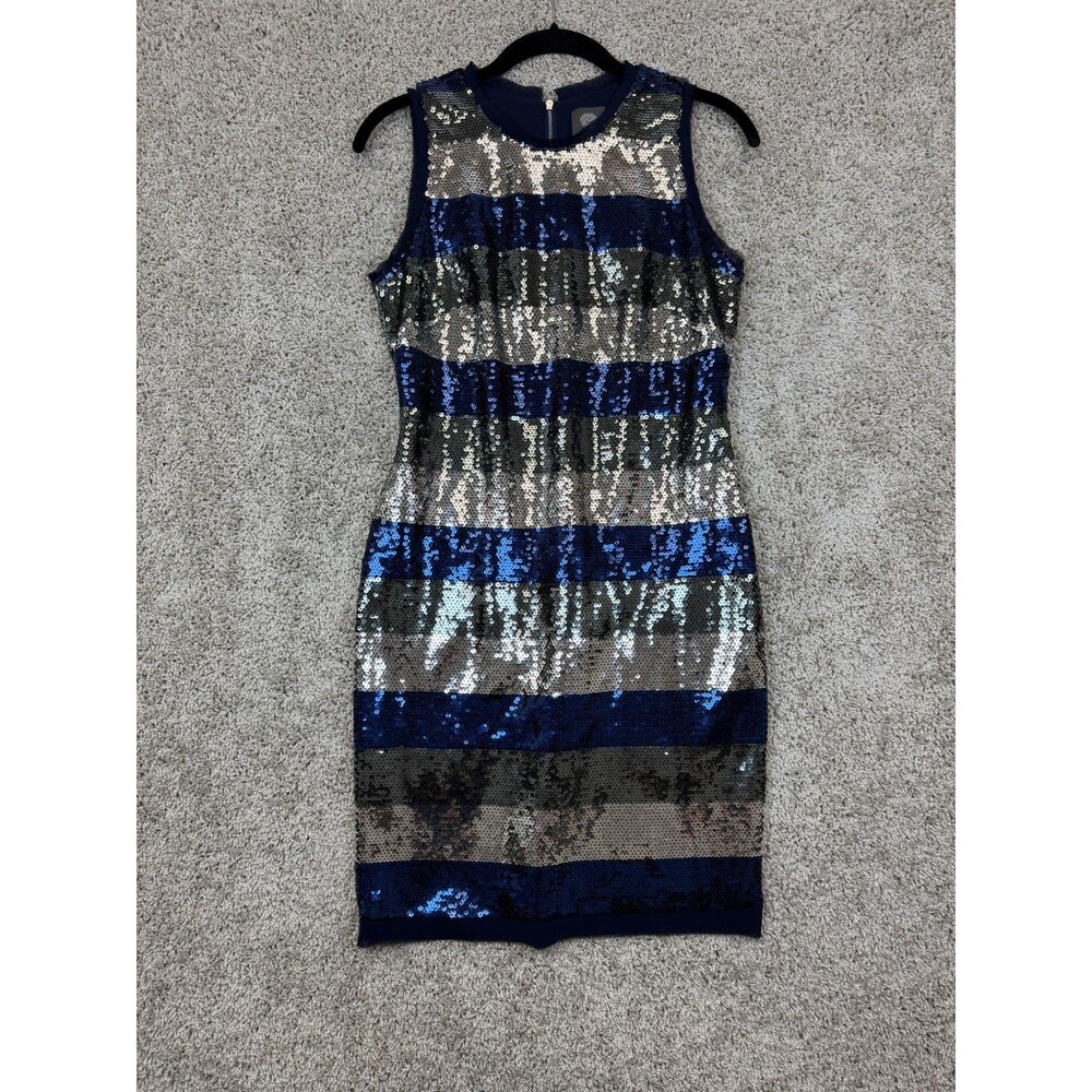Vince Camuto Womens Size 4 Blue Silver Sequin Striped Sleeveless Cocktail Dress